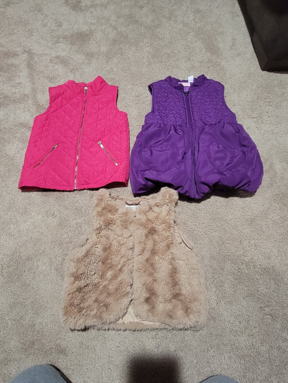 Girls Quilted Pink Vest + Purple Puffer Vest + Faux Fur Tan Vest - 3